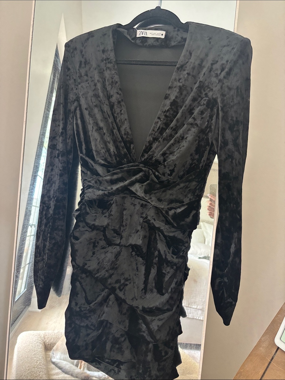 ZARA Black Crushed Velvet Twist-Front Long Sleeve Mini Dress